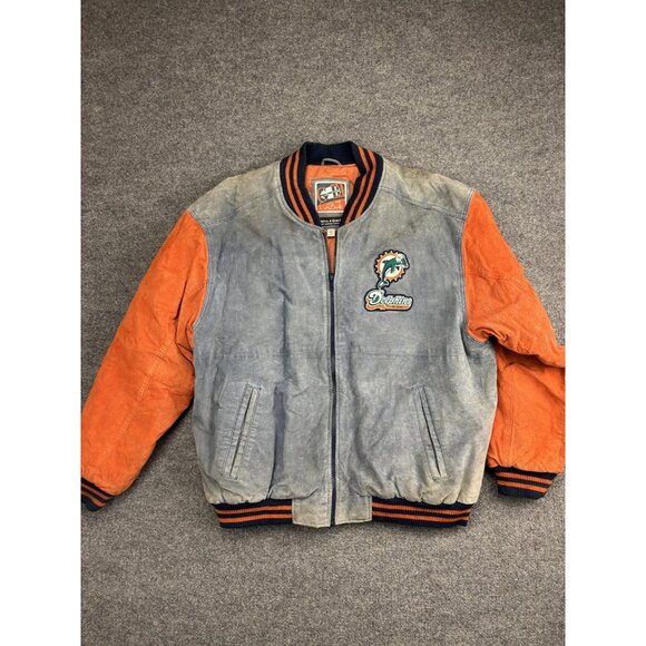 Vintage Miami Dolphins Suede Leather Jacket Mens Large G-III Carl Banks NFL 90s - Picture 1 of 10